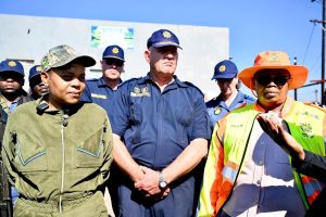 Caption: Limpopo Premier Dr Phophi Ramathuba, Acting Provincial Commissioner Major General Jan Scheepers and Makhuduthamaga Local Municipality Mayor Merah Mahlase.